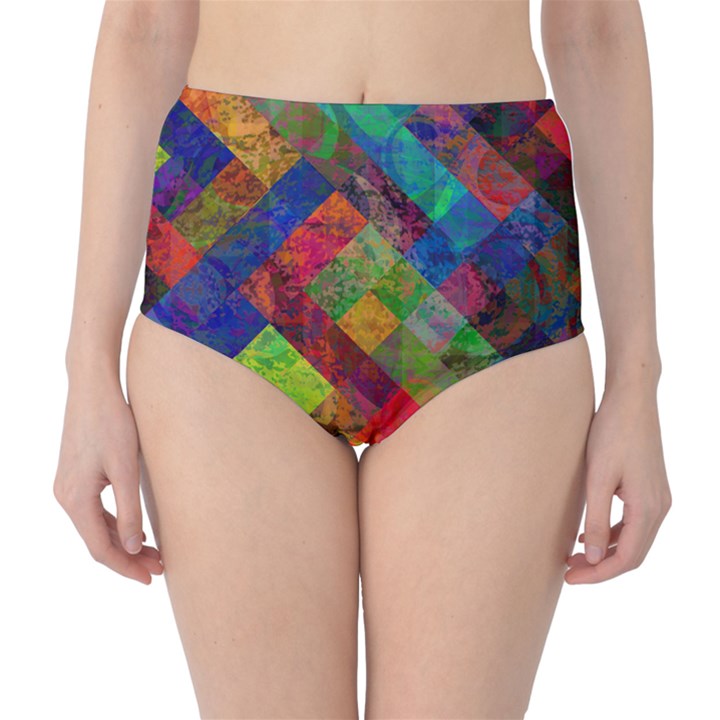 Abstract Colored Grunge Pattern Classic High-Waist Bikini Bottoms