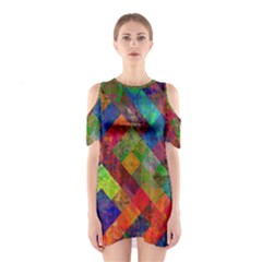 Abstract Colored Grunge Pattern Shoulder Cutout One Piece Dress