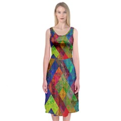 Abstract Colored Grunge Pattern Midi Sleeveless Dress