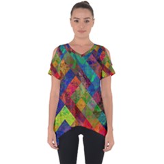 Abstract Colored Grunge Pattern Cut Out Side Drop Tee