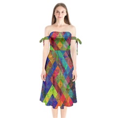 Abstract Colored Grunge Pattern Shoulder Tie Bardot Midi Dress