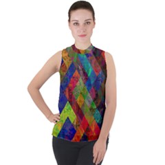 Abstract Colored Grunge Pattern Mock Neck Chiffon Sleeveless Top