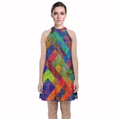 Abstract Colored Grunge Pattern Velvet Halter Neckline Dress 