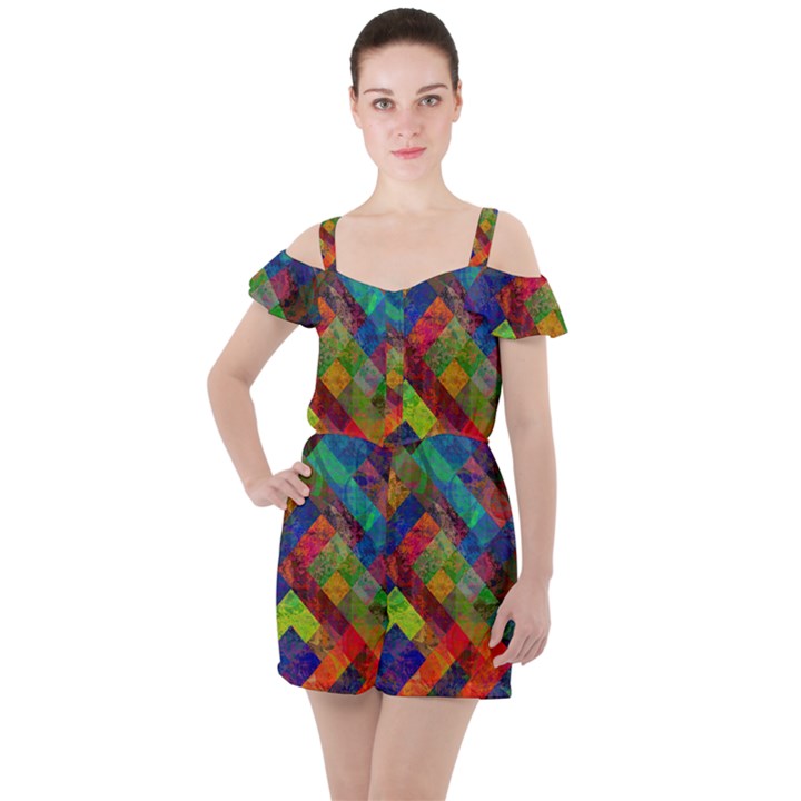 Abstract Colored Grunge Pattern Ruffle Cut Out Chiffon Playsuit