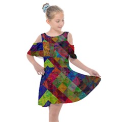 Abstract Colored Grunge Pattern Kids  Shoulder Cutout Chiffon Dress