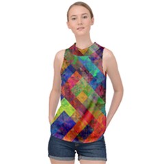 Abstract Colored Grunge Pattern High Neck Satin Top by fashionpod