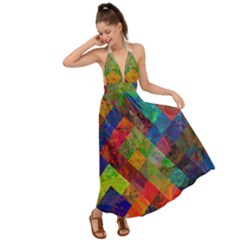 Abstract Colored Grunge Pattern Backless Maxi Beach Dress