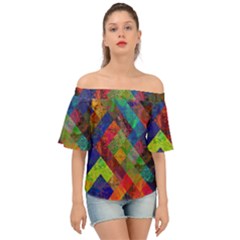 Abstract Colored Grunge Pattern Off Shoulder Short Sleeve Top