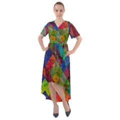 Abstract Colored Grunge Pattern Front Wrap High Low Dress by fashionpod