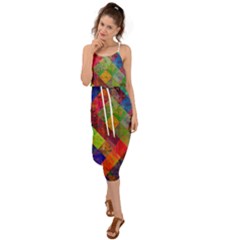 Abstract Colored Grunge Pattern Waist Tie Cover Up Chiffon Dress