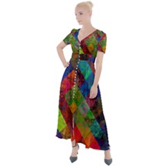 Abstract Colored Grunge Pattern Button Up Short Sleeve Maxi Dress