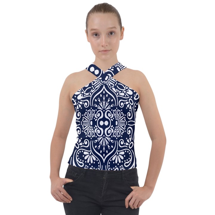 mandala pattern Cross Neck Velour Top