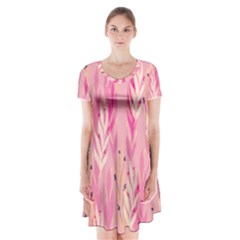 Pink Leaf Pattern Short Sleeve V-neck Flare Dress