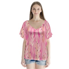 Pink Leaf Pattern V-neck Flutter Sleeve Top by designsbymallika