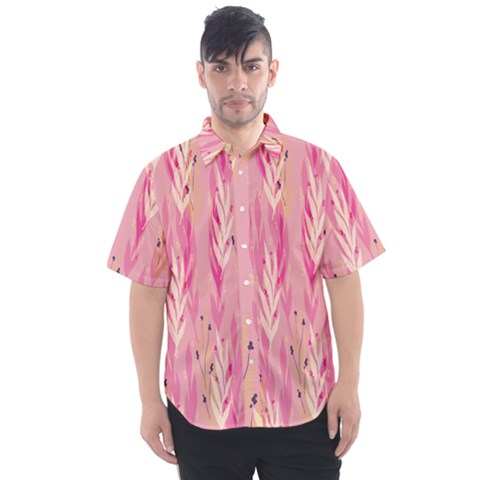 Pink Leaf Pattern Men s Short Sleeve Shirt by designsbymallika