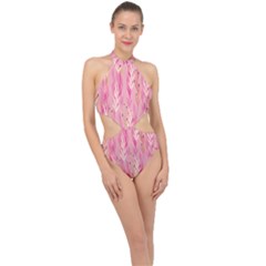 Pink Leaf Pattern Halter Side Cut Swimsuit by designsbymallika