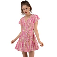 Pink Leaf Pattern Flutter Sleeve Wrap Dress