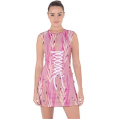 Pink Leaf Pattern Lace Up Front Bodycon Dress