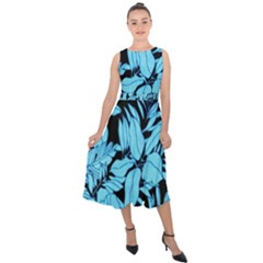 Blue Winter Tropical Floral Watercolor Midi Tie-back Chiffon Dress