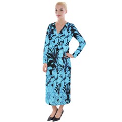 Blue Winter Tropical Floral Watercolor Velvet Maxi Wrap Dress