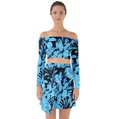 Blue Winter Tropical Floral Watercolor Off Shoulder Top With Skirt Set