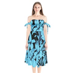 Blue Winter Tropical Floral Watercolor Shoulder Tie Bardot Midi Dress