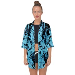 Blue Winter Tropical Floral Watercolor Open Front Chiffon Kimono