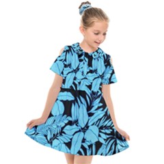 Blue Winter Tropical Floral Watercolor Kids  Short Sleeve Shirt Dress