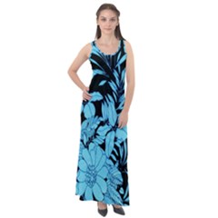 Blue Winter Tropical Floral Watercolor Sleeveless Velour Maxi Dress