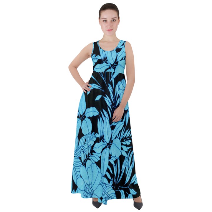 Blue Winter Tropical Floral Watercolor Empire Waist Velour Maxi Dress