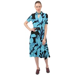 Blue Winter Tropical Floral Watercolor Keyhole Neckline Chiffon Dress