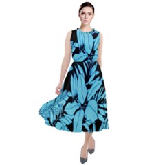 Blue Winter Tropical Floral Watercolor Round Neck Boho Dress