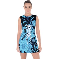 Blue Winter Tropical Floral Watercolor Lace Up Front Bodycon Dress