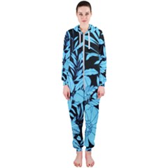 Blue Winter Tropical Floral Watercolor Hooded Jumpsuit (ladies) 