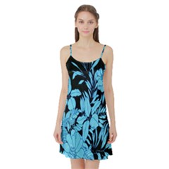 Blue Winter Tropical Floral Watercolor Satin Night Slip