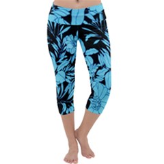 Blue Winter Tropical Floral Watercolor Capri Yoga Leggings