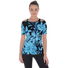 Blue Winter Tropical Floral Watercolor Shoulder Cut Out Short Sleeve Top