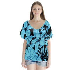 Blue Winter Tropical Floral Watercolor V-neck Flutter Sleeve Top