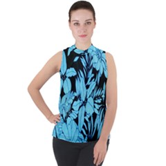 Blue Winter Tropical Floral Watercolor Mock Neck Chiffon Sleeveless Top by dressshop