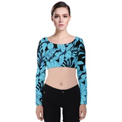 Blue Winter Tropical Floral Watercolor Velvet Long Sleeve Crop Top