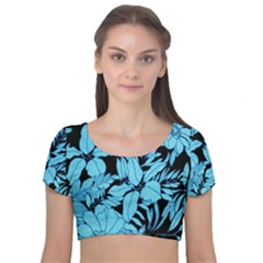 Blue Winter Tropical Floral Watercolor Velvet Short Sleeve Crop Top 