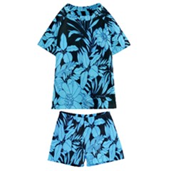 Blue Winter Tropical Floral Watercolor Kids  Swim Tee And Shorts Set