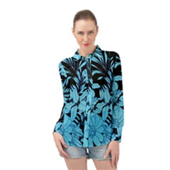 Blue Winter Tropical Floral Watercolor Long Sleeve Chiffon Shirt