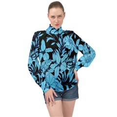 Blue Winter Tropical Floral Watercolor High Neck Long Sleeve Chiffon Top by dressshop