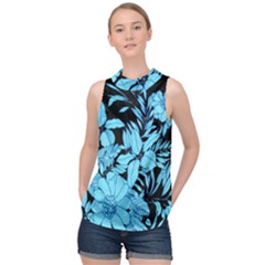 Blue Winter Tropical Floral Watercolor High Neck Satin Top