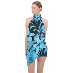 Blue Winter Tropical Floral Watercolor Halter Asymmetric Satin Top