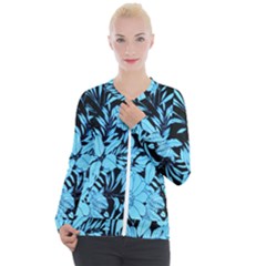 Blue Winter Tropical Floral Watercolor Casual Zip Up Jacket