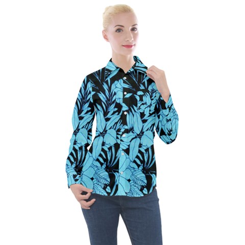 Blue Winter Tropical Floral Watercolor Women s Long Sleeve Pocket Shirt by dressshop