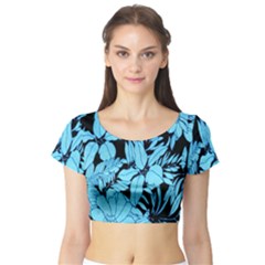 Blue Winter Tropical Floral Watercolor Short Sleeve Crop Top