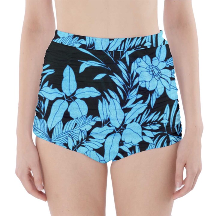 Blue Winter Tropical Floral Watercolor High-Waisted Bikini Bottoms